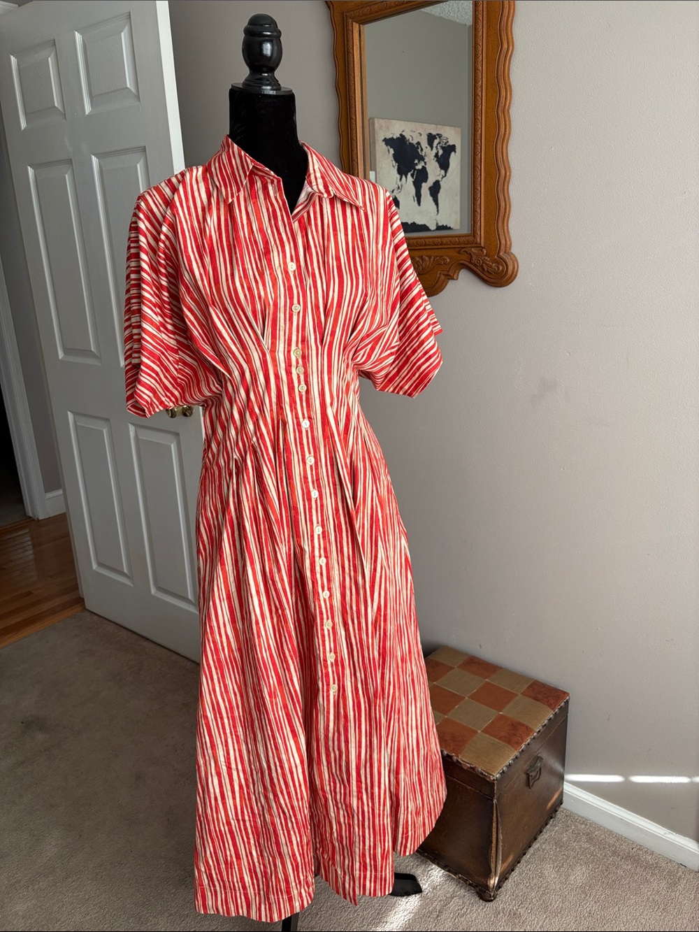 Exquise Anthropologie Red and Tan Striped Button-Front Maxi Dress with Collar